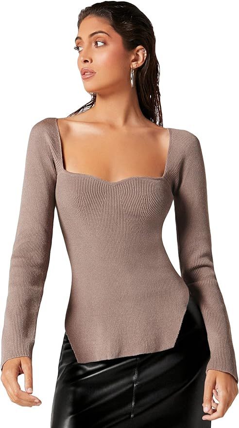SOLY HUX Women's Long Sleeve Sweetheart Neck Split Hem Sweater Ribbed Knit Pullover Tops | Amazon (US)