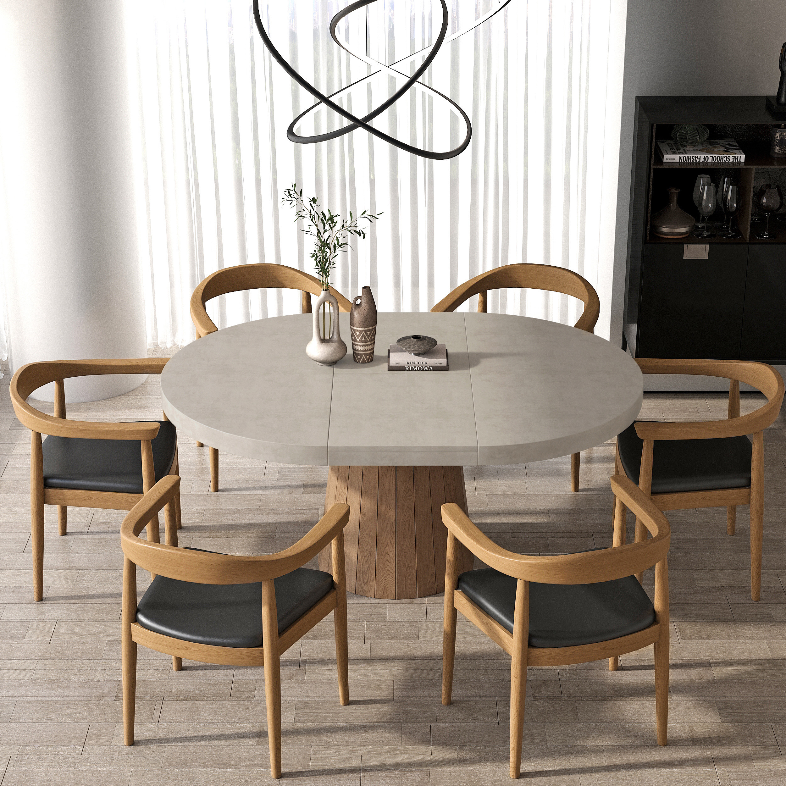 Extendable Dining Table Set 39""-55"" Japandi Gray Dining Table & 6 Walnut Wood Dining Chairs | Homary