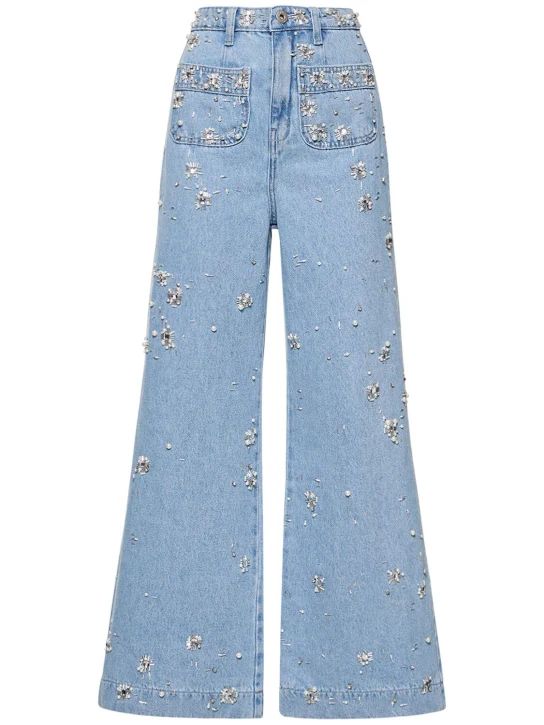 Cotton denim wide jeans w/crystals | Luisaviaroma