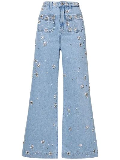 Cotton denim wide jeans w/crystals | Luisaviaroma