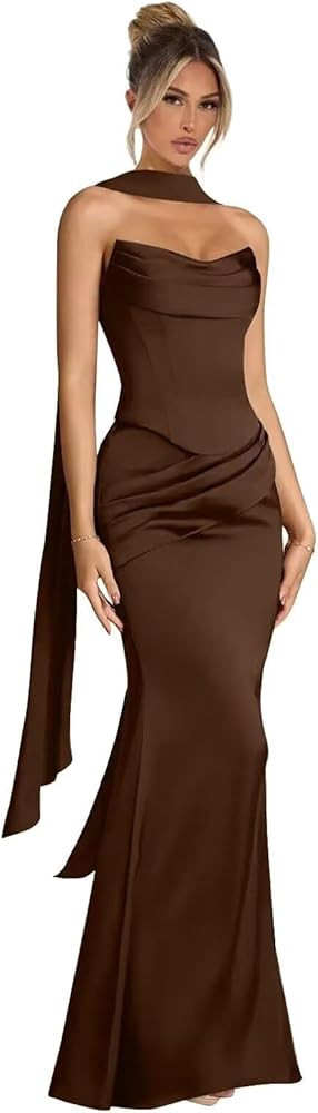 Dymaisei Satin Prom Dress 2026 Strapless Bridesmaid Dresses with Scarf Mermaid Pleated Corset Eve... | Amazon (US)