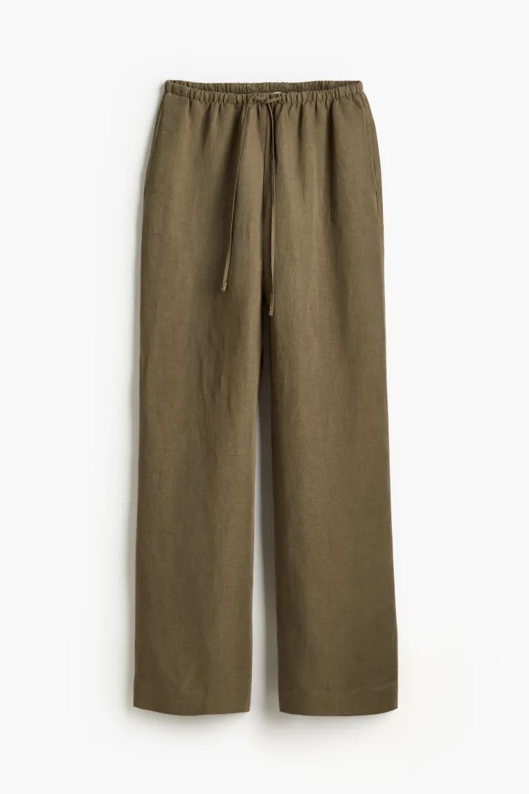 Linen-blend trousers - Regular waist - Long - Dark khaki green - Ladies | H&M GB | H&M (UK, MY, IN, SG, PH, TW, HK)