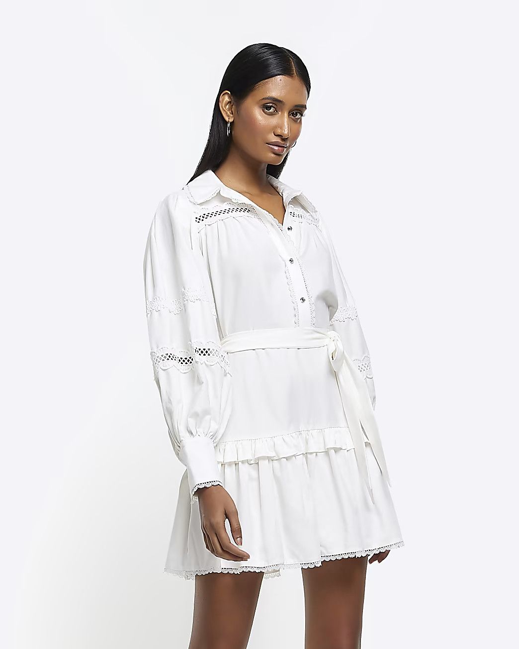 White belted lace trim mini dress | River Island (UK & IE)