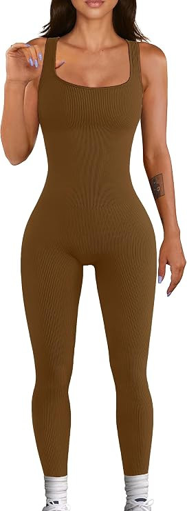 YIOIOIO Women Workout Seamless Jumpsuit Yoga Ribbed Bodycon One Piece Tank Top Leggings Romper | Amazon (US)