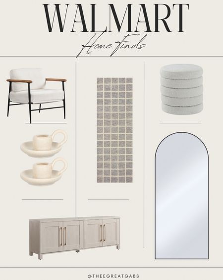 Walmart home finds | checkered rug, boucle ottoman | arched mirror | accent chair | tv console | cabinet | neutral home decor 

#LTKfindsunder100 #LTKSeasonal #LTKhome