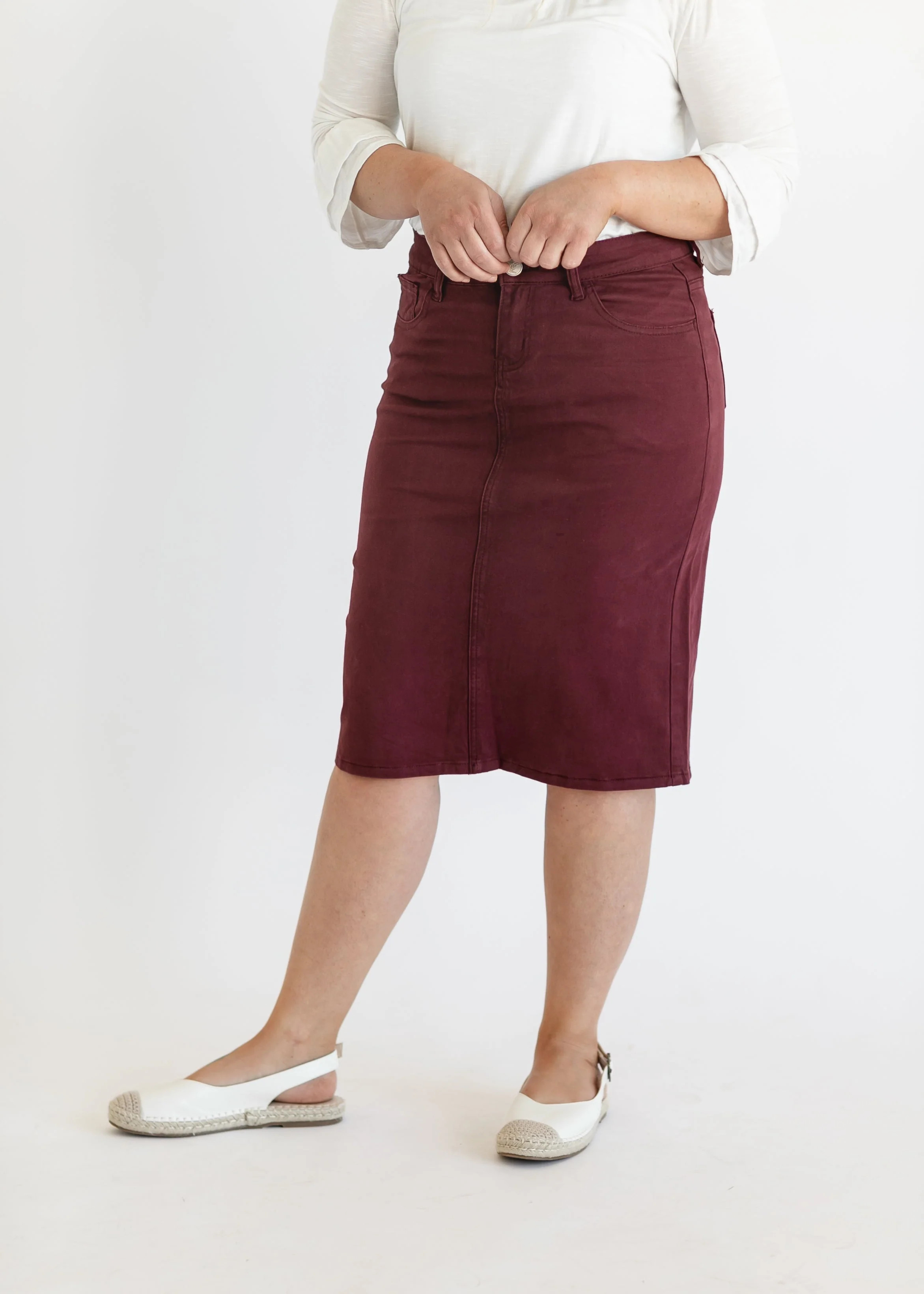 Remi Burgundy Denim Midi Skirt | Inherit Clothing Co.
