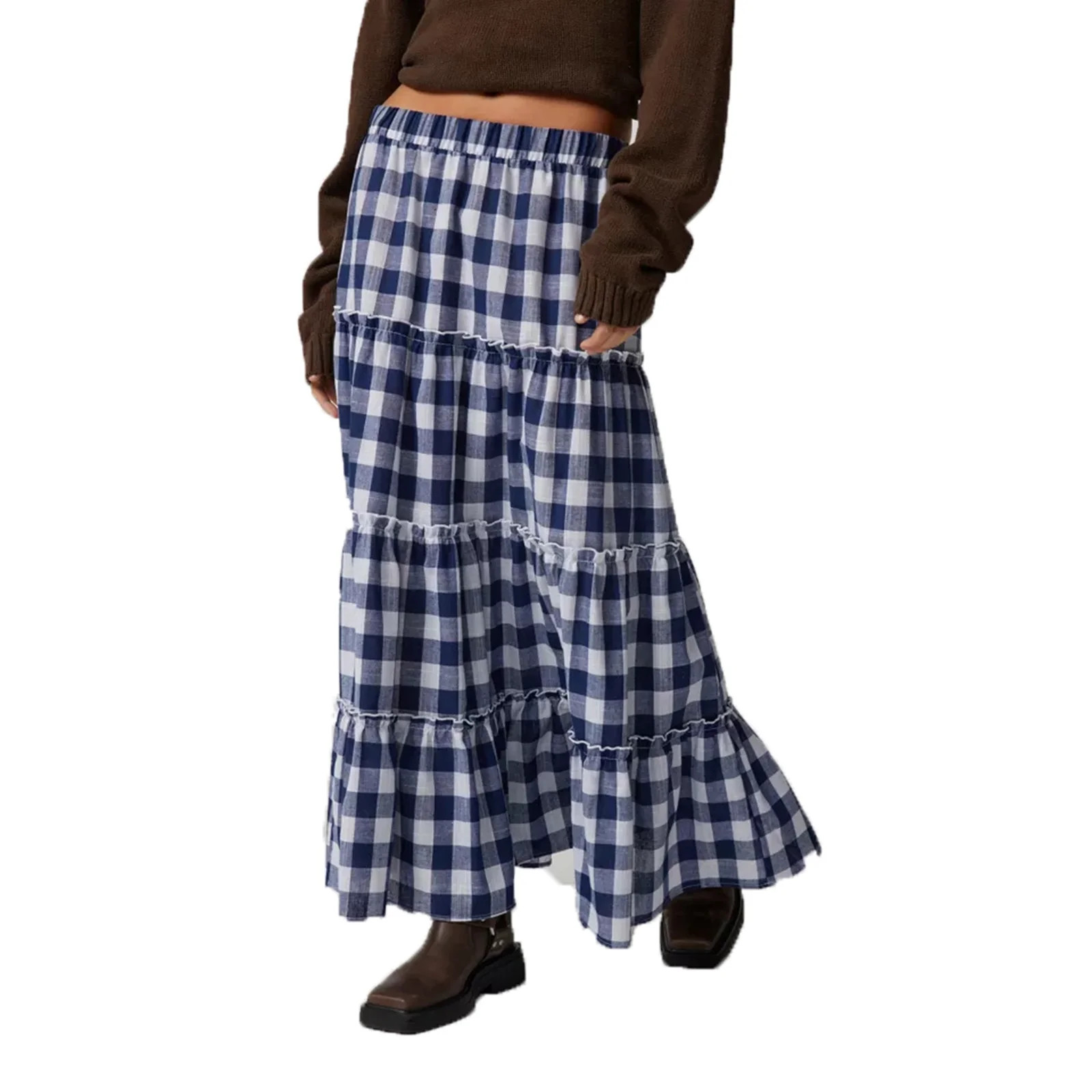 Elippeo Women's Plaid Skirt Vintage Loose Fitting Elastic Waist Ruffled Tiered Long Skirt for Spr... | Walmart (US)