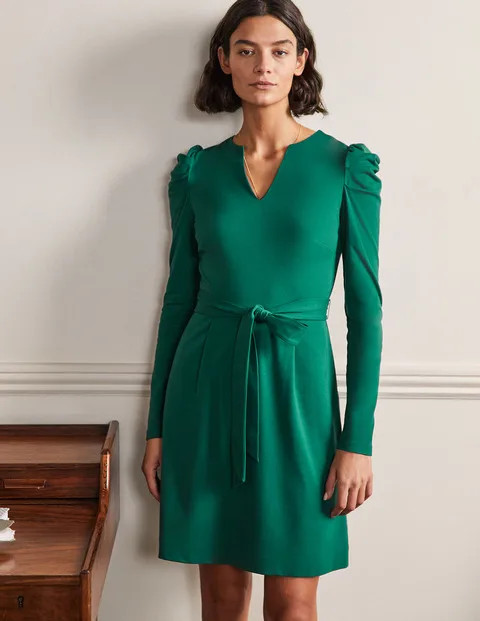Puff Sleeve Belted Ponte Dress - Deep Forest | Boden US | Boden (US)