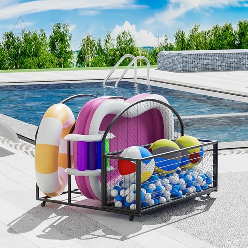 tenouaai Pool Float Storage, Metal Pool Storage Bin with Rolling Wheels, Outdoor Pool Organizer for Floaties, Noodles, Life Vests, Beach Balls (33.4*37.7*26.7-R) | Amazon (US)