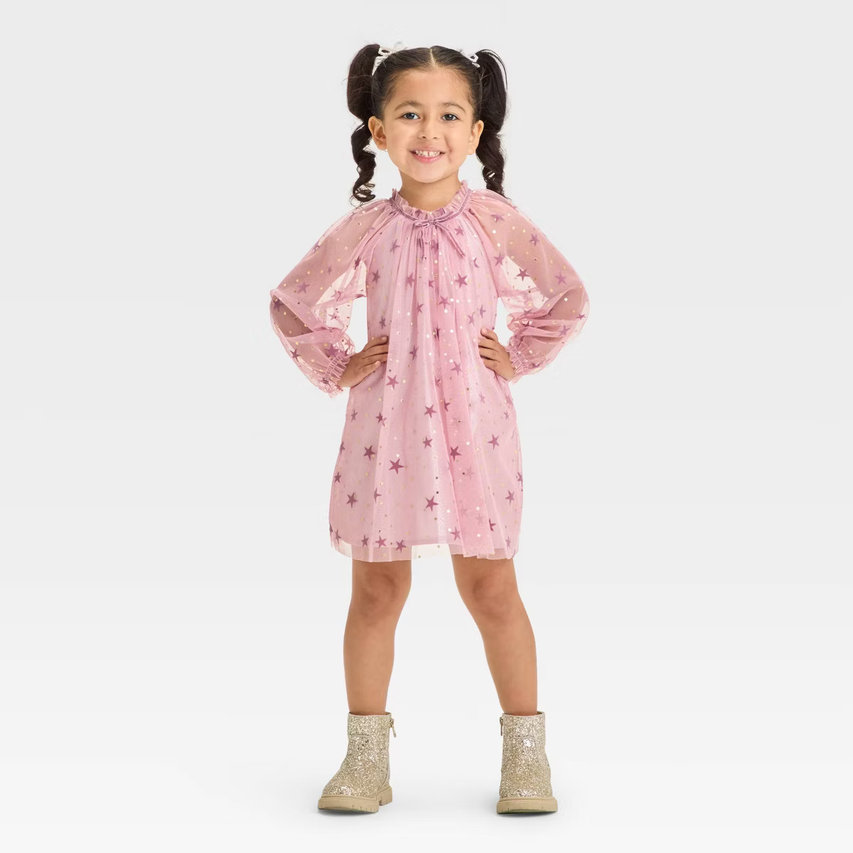 Toddler Girls' Foil Star Tulle Bow Long Sleeve Dress - Cat & Jack™ Pink | Target