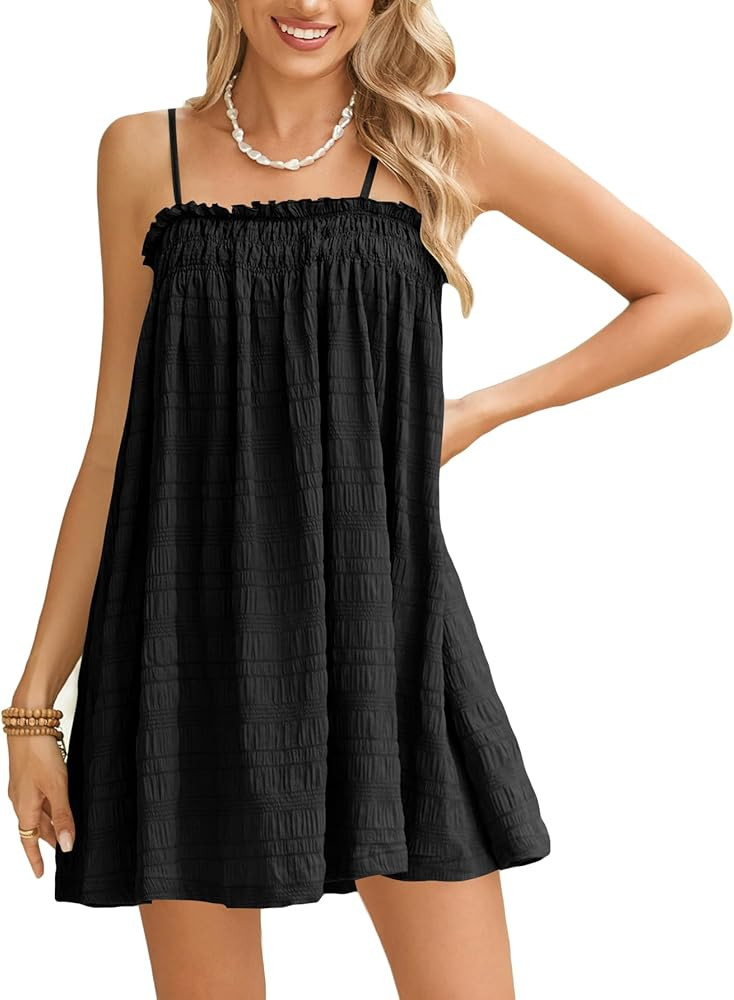 MakeMeChic Women's Summer Cami Dress Sundresses Sleeveless Ruffle Swing Shirred Casual Flowy Vaca... | Amazon (US)