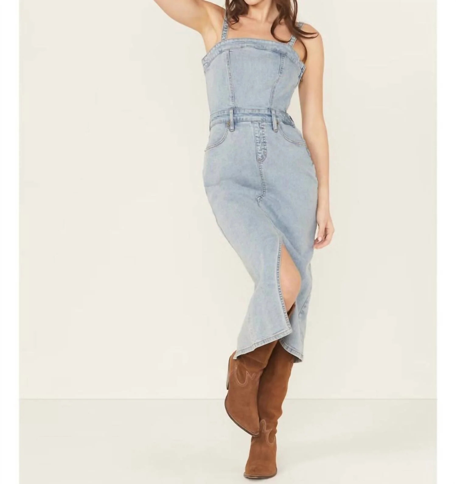 Detachable Strap Denim Dress In Light Wash | Shop Simon