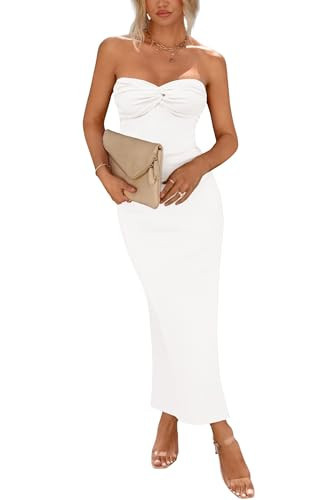 PRETTYGARDEN Women's Summer Bodycon Long Dresses Strapless Tube Twist Knot Front Ribbed Knit Elegant Maxi Dress with Slit (White,Large) | Amazon (US)