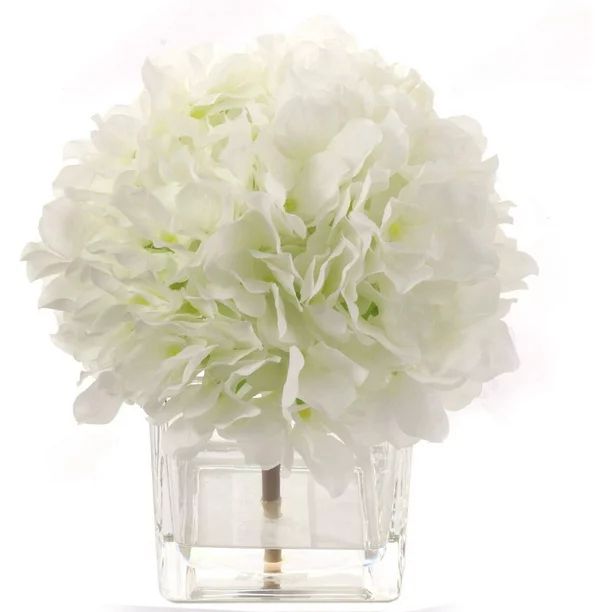 Floral Home White Hydrangea Flower Bush Arrangement with Glass Square Vase, Faux Water and Scratc... | Walmart (US)