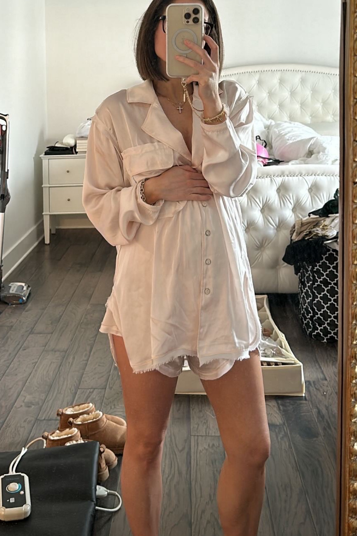 free people silk pajamas 
top is tts xs runs really oversized
sized up to medium in bottoms for 19 week bump 

#LTKFindsUnder100 #LTKBump