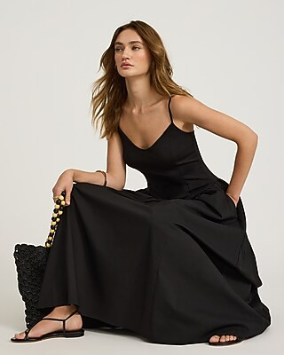 Mixed Media V-neck Sleeveless Drop Waist Midi Dress | Express