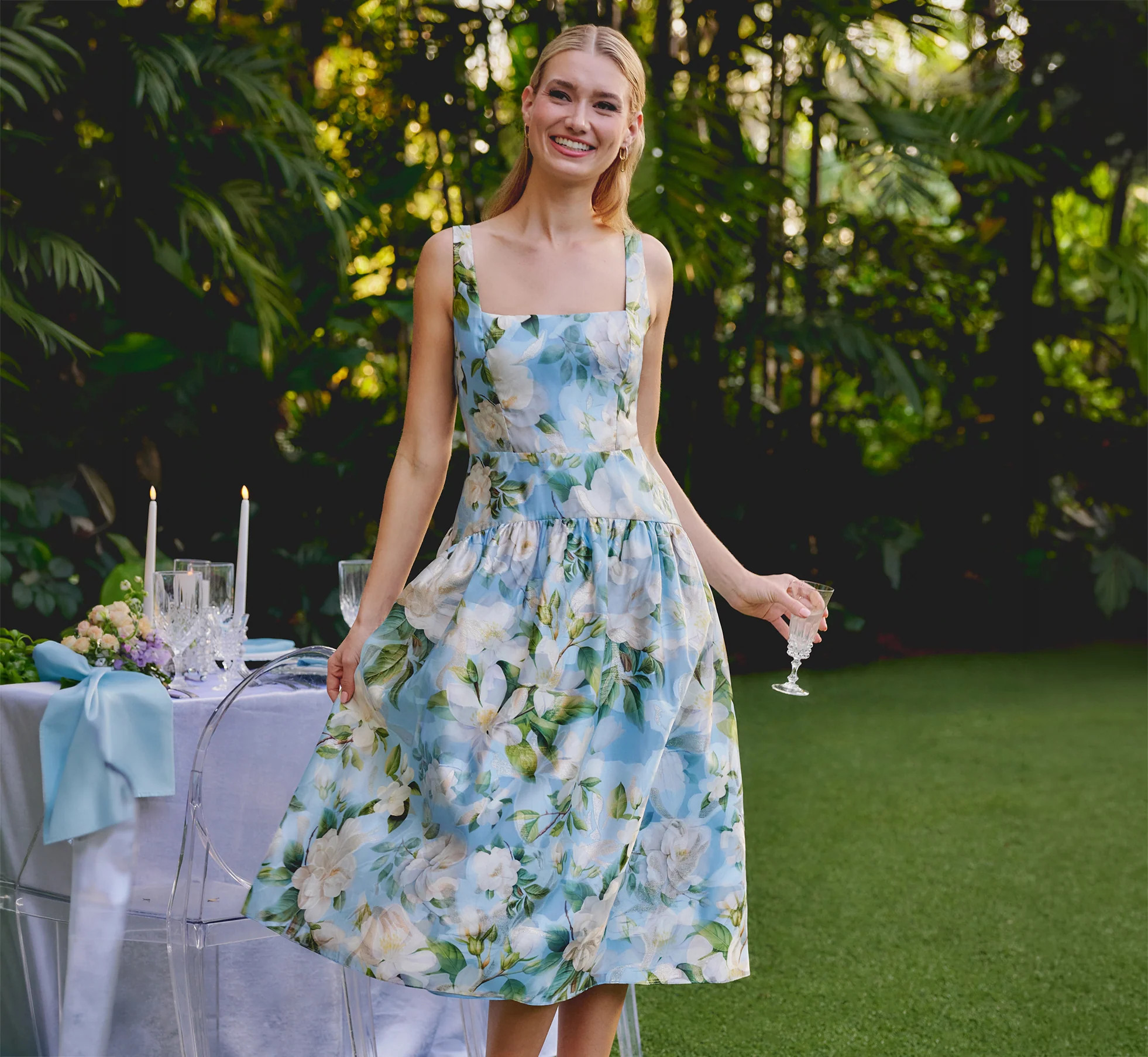 Blue Multi Square Neck Drop Waist Floral Jacquard Dress - Adrianna Papell | Adrianna Papell