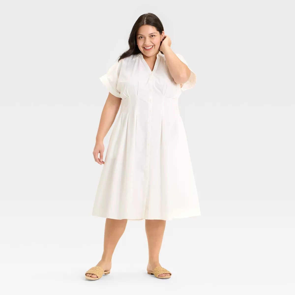 Women's Short Sleeve Pleated Midi Shirtdress - Ava & Viv™ White XXL | Target