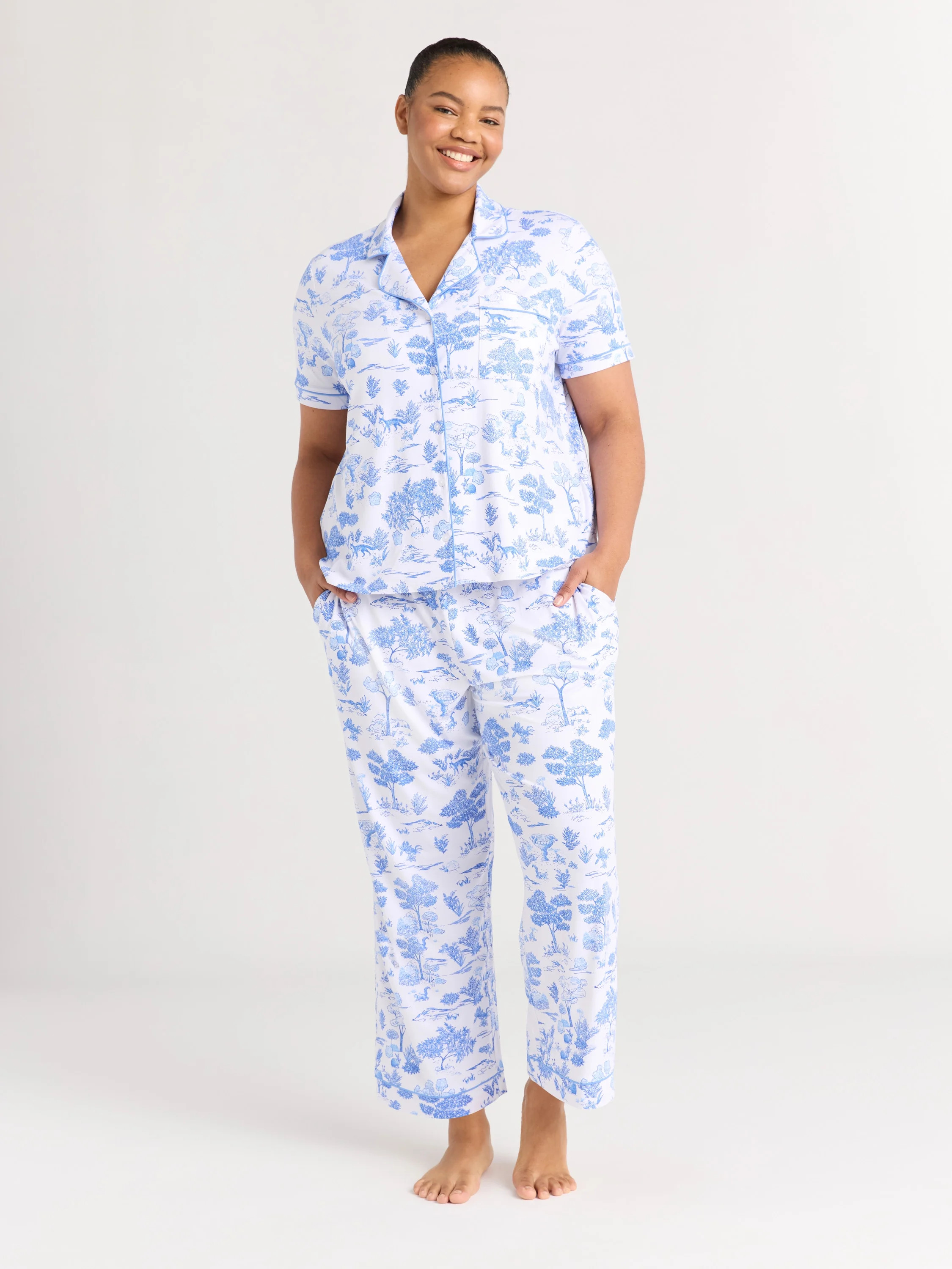Joyspun Women's Notch Collar Short Sleeve Knit Top & Capri Pajama Set, 2-Piece, Sizes XS-3X | Walmart (US)