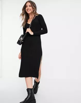 ASOS DESIGN knitted dress with v neck in rib in black | ASOS | ASOS (Global)