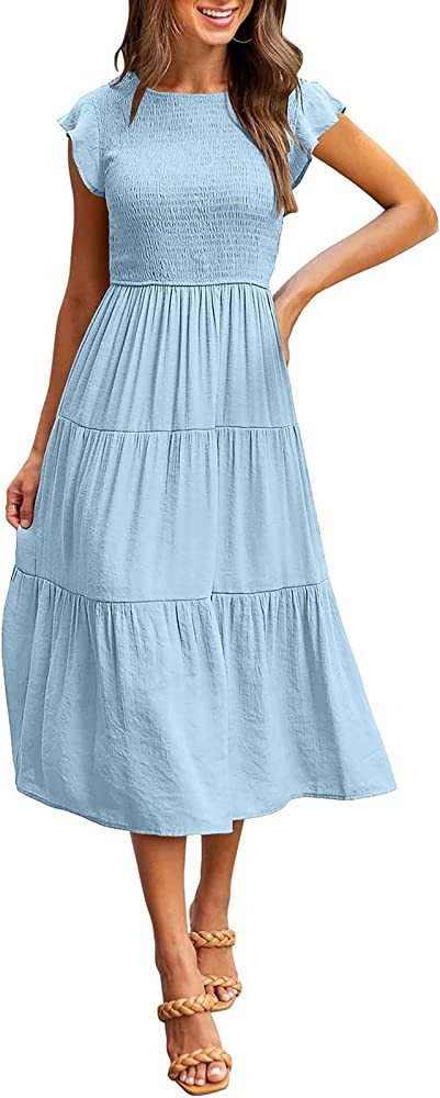 MEROKEETY Women's Flutter Short Sleeve Smocked Midi Dress Summer Casual Tiered A-Line Dress | Amazon (US)