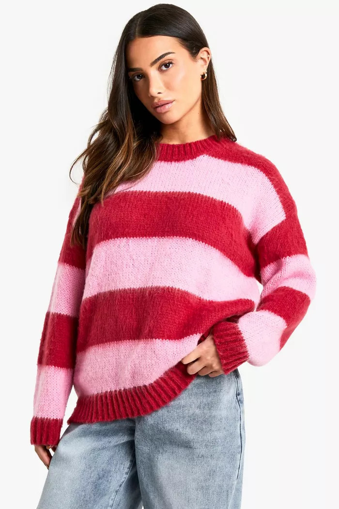 Petite Brushed Striped Oversized Knitted Jumper | boohoo (US & Canada)
