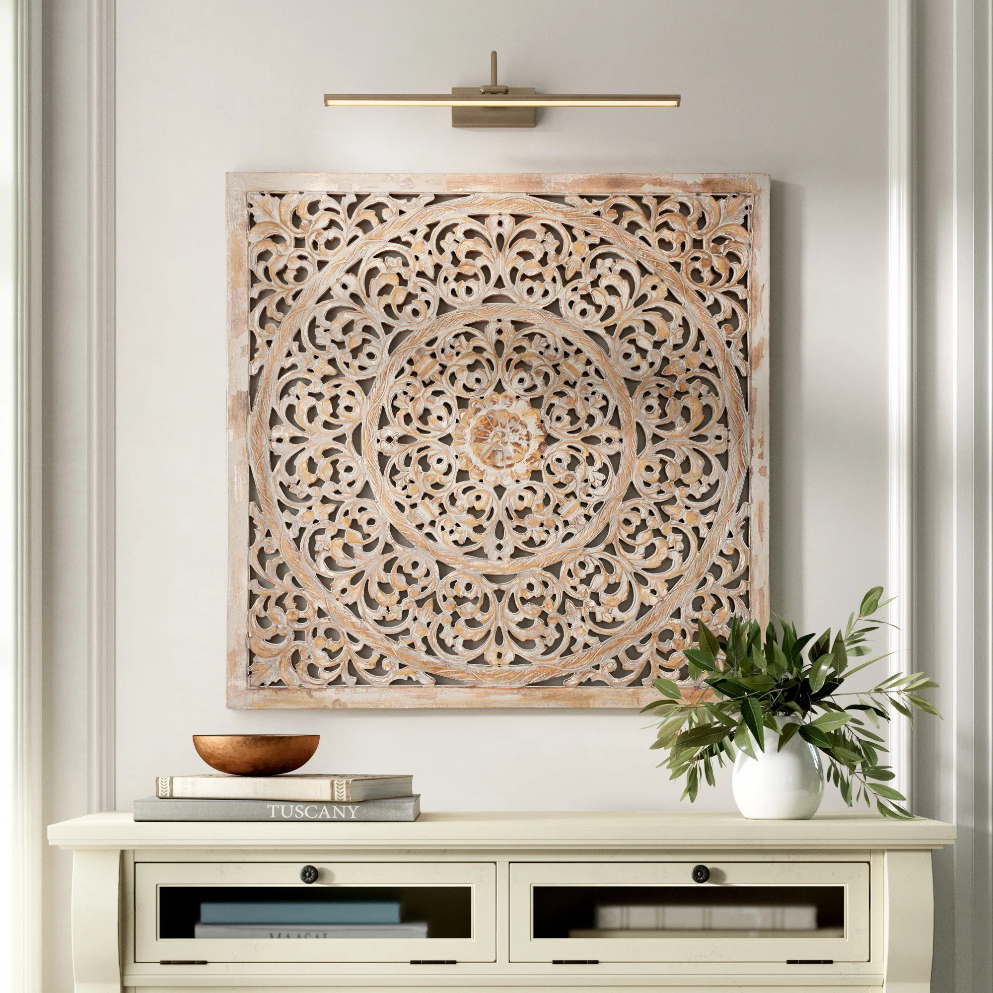Wooden Handmade Carved Scroll Mandala Floral Home Wall Decor with Brown Distressing | Wayfair North America