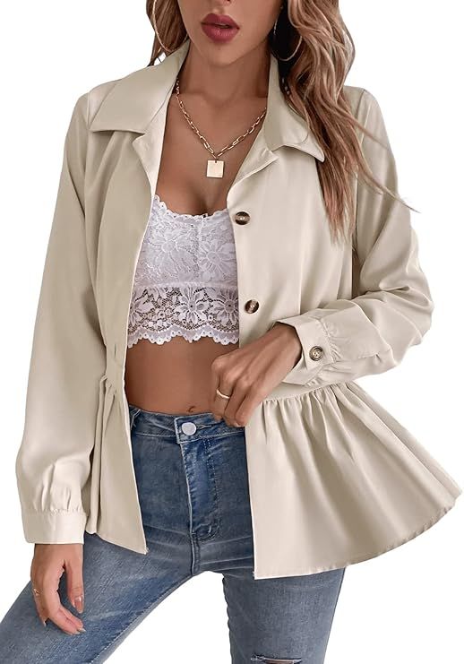 SweatyRocks Women's Button Front Jacket Casual Long Sleeve Ruffle Hem Peplum Coat Outerwear | Amazon (US)