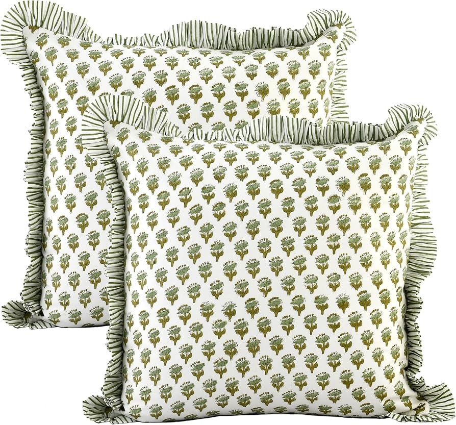 CPC Emerald Green Ruffle Throw Pillow Covers for Couch, 24x24 Inch Cotton Stripe Ruffle Couch Pil... | Amazon (US)