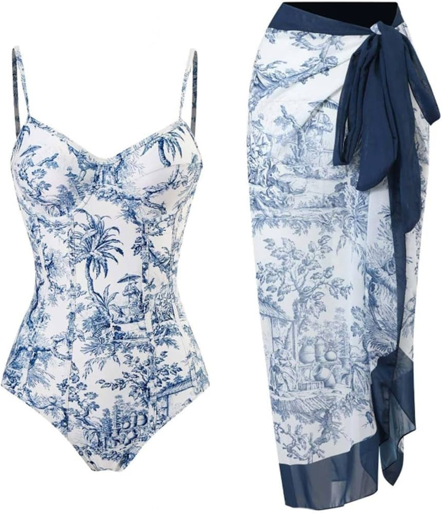 One Piece Bathing Suit for Women with Bikini Maxi Wrap Skirts Floral Print Bikini Set 2 Piece Wom... | Amazon (UK)