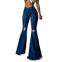 Colorting Women's Destoryed Flare Jeans Classic Ripped Denim Bell Bottom Pants | Amazon (CA)