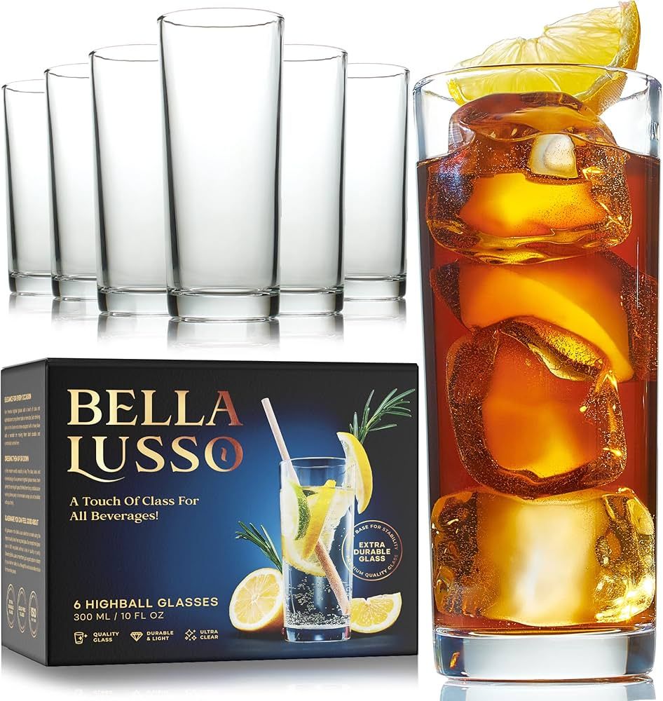 BELLA LUSSO Highball Glasses - Tall Drinking Glass Set of 6 - Premium Gift Box - High Water Cups,... | Amazon (US)