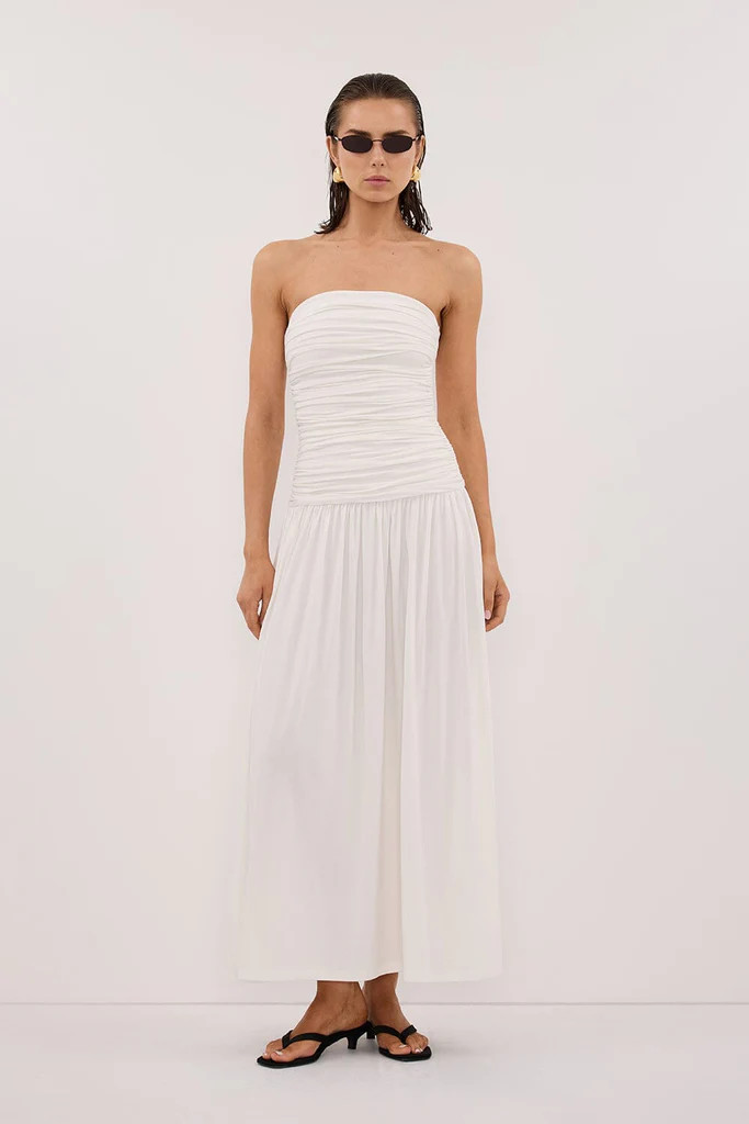 SHARI OFF WHITE STRAPLESS BANDEAU MIDI DRESS | DISSH