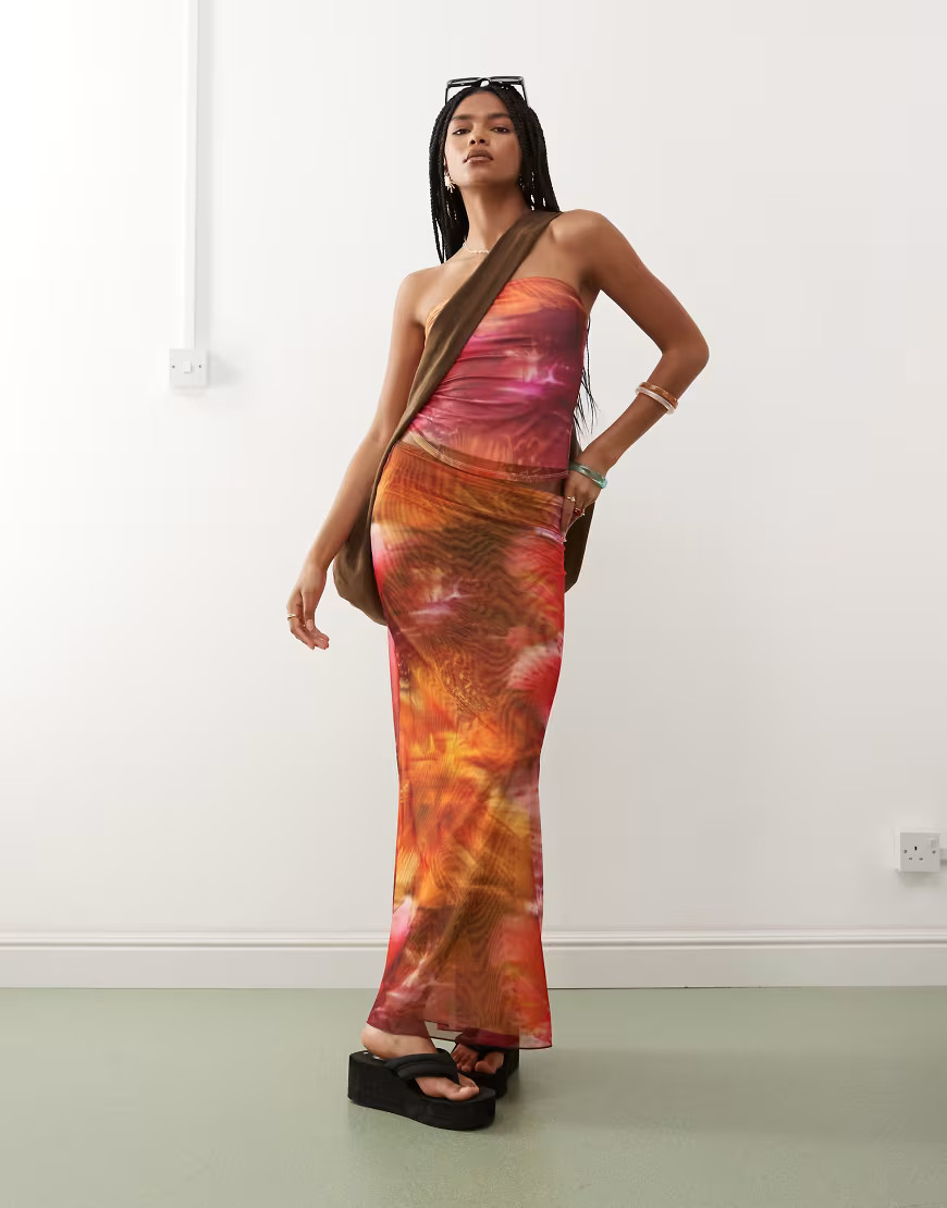 Monki mesh maxi skirt in pink & orange tropical flower print - part of a set | ASOS (Global)