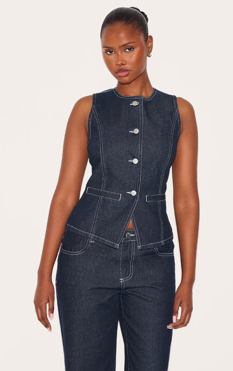 Raw Indigo Round Neck Longline Denim Vest | PrettyLittleThing US