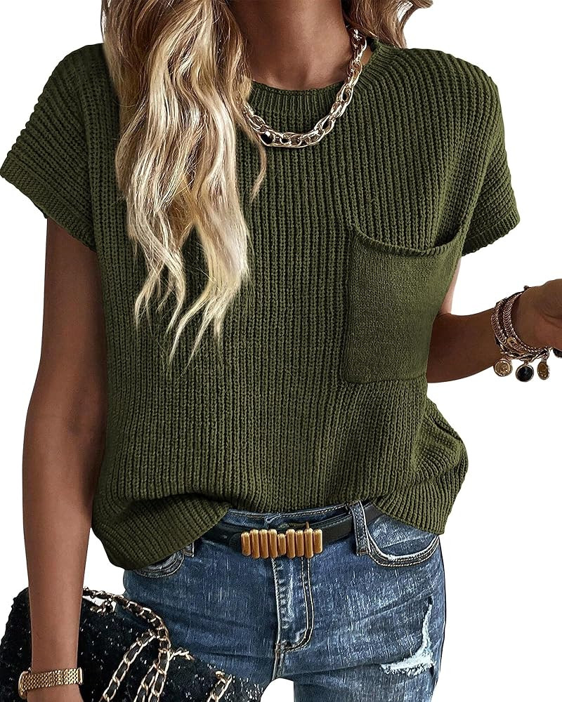 KIRUNDO Womens Spring Cap Sleeve Tops 2024 Summer Casual Crew Neck Lightweight Sweater Vest Ribbe... | Amazon (US)