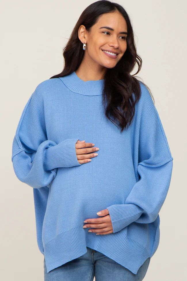 Light Blue Mock Neck Exposed Seam Maternity Sweater | PinkBlush Maternity