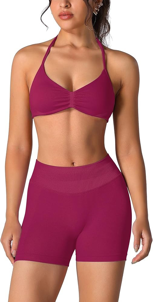 ABOCIW Womens Seamless Workout Sets 2 Piece Strappy Halter Sports Bra Scrunch Butt Shorts Gym Yog... | Amazon (US)