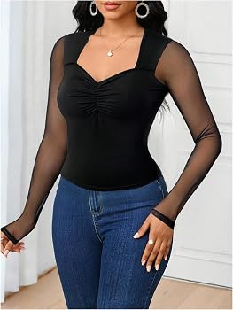 Women's Mesh Sheer Long Sleeve Tops Dressy Casual Sweetheart Neckline Fitted T Shirts | Amazon (US)