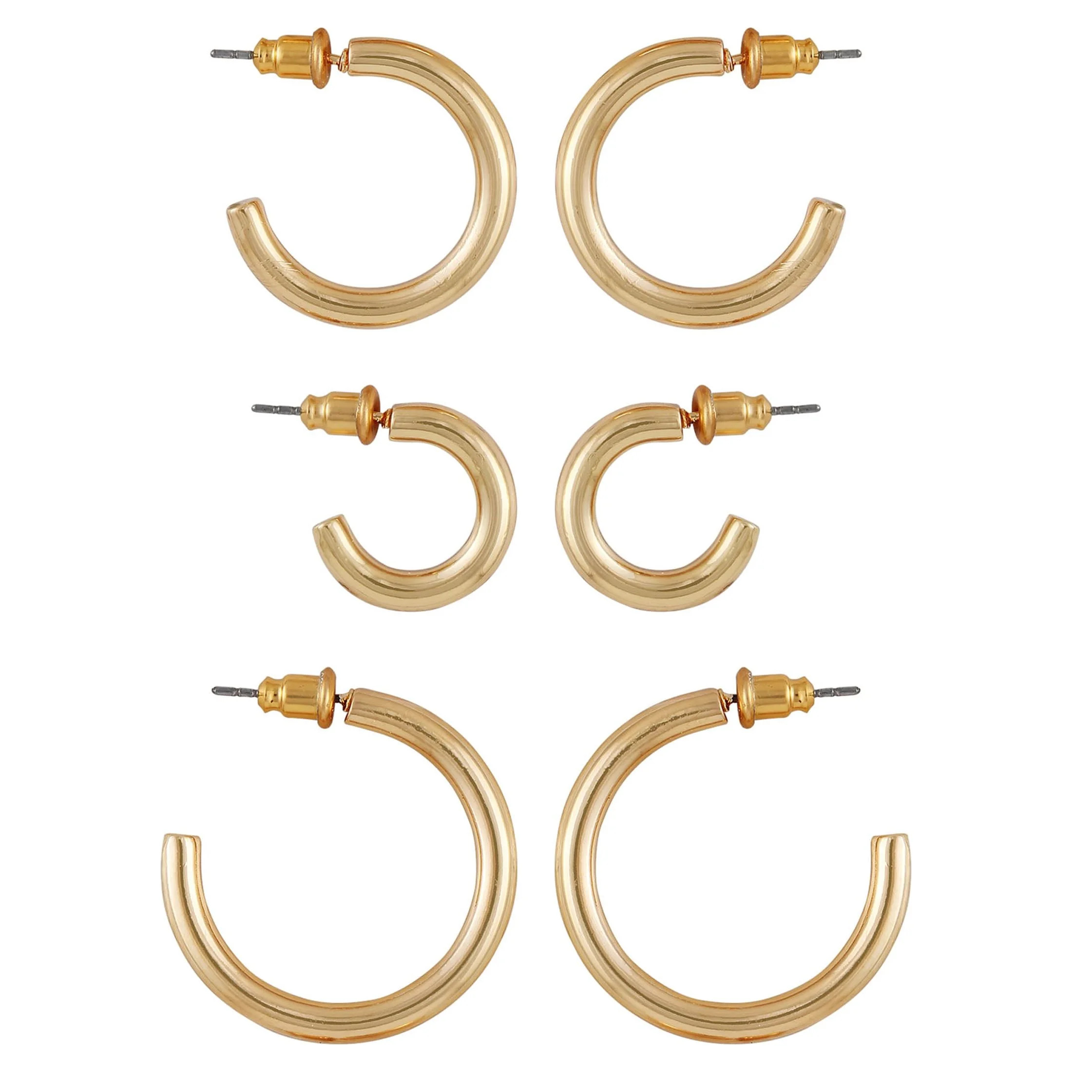 Time and Tru Women's Gold Tone Graduated Hoop Earring Set, 3-Piece | Walmart (US)