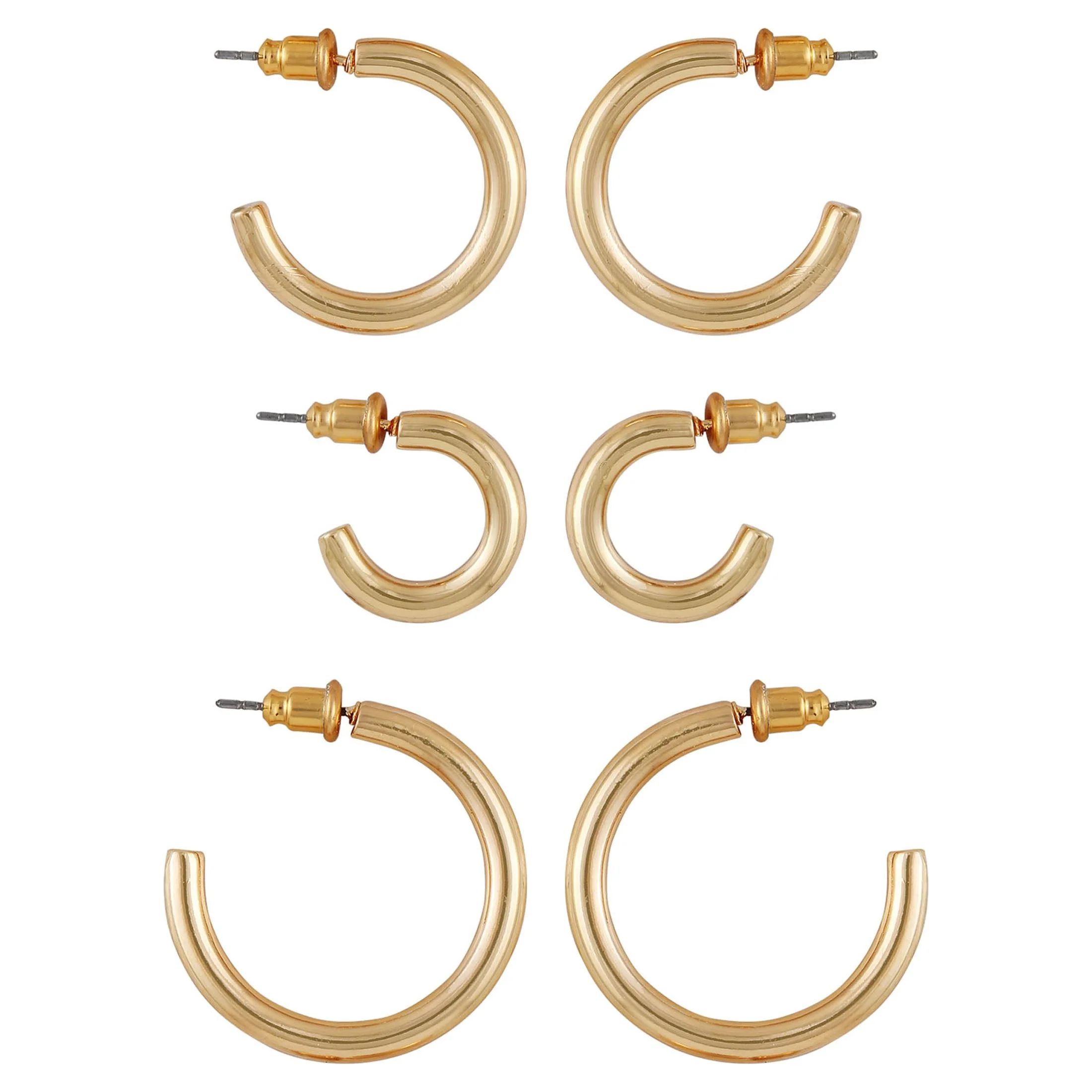 Time and Tru Women's Gold Tone Graduated Hoop Earring Set, 3-Piece | Walmart (US)