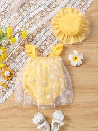Vestido de monos de falda de malla con estampado de margaritas en patchwork encantador para bebé... | SHEIN