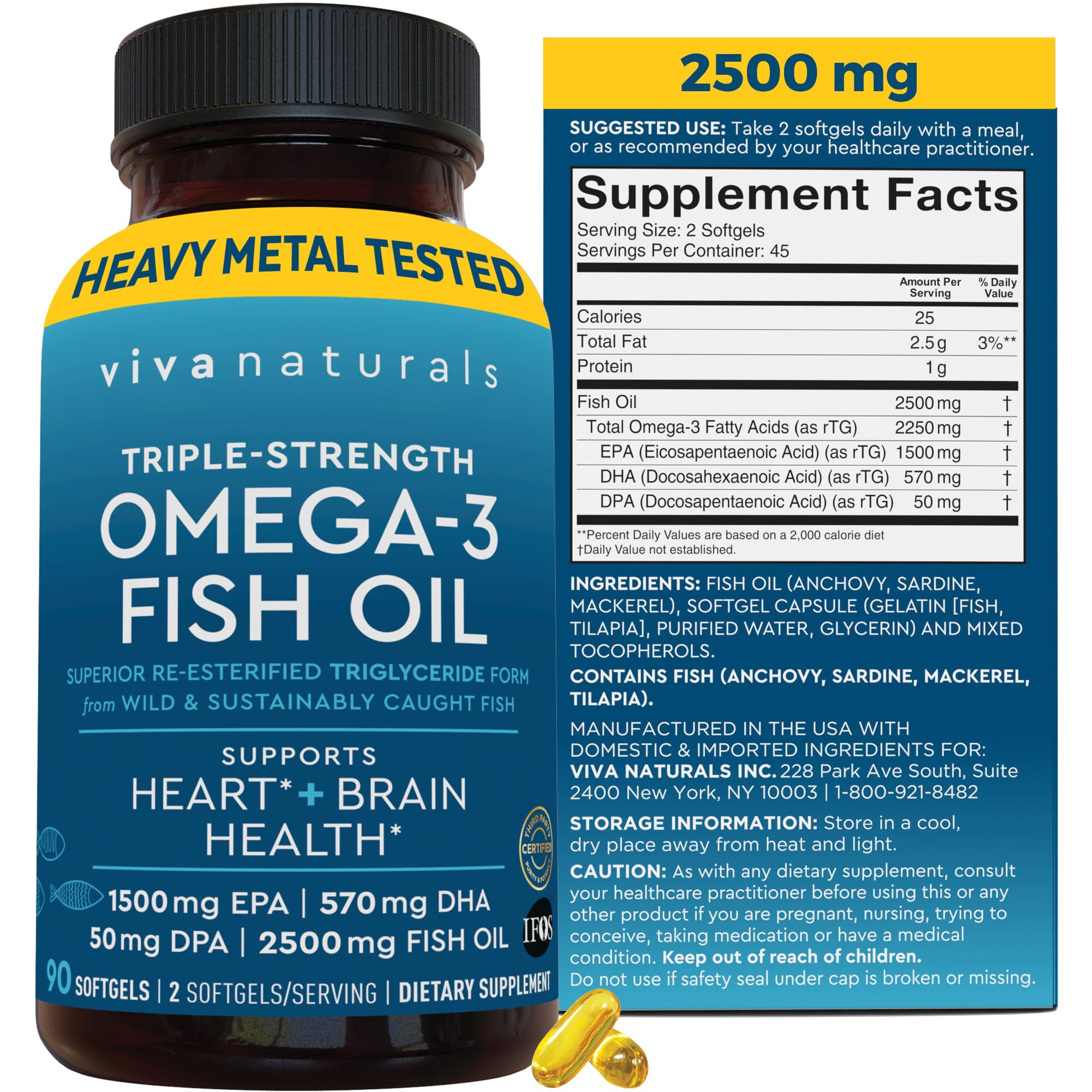Viva Naturals Omega 3 Fish Oil Supplement for Women and Men - 2500 mg Triple Strength Fish Oil Pi... | Amazon (US)