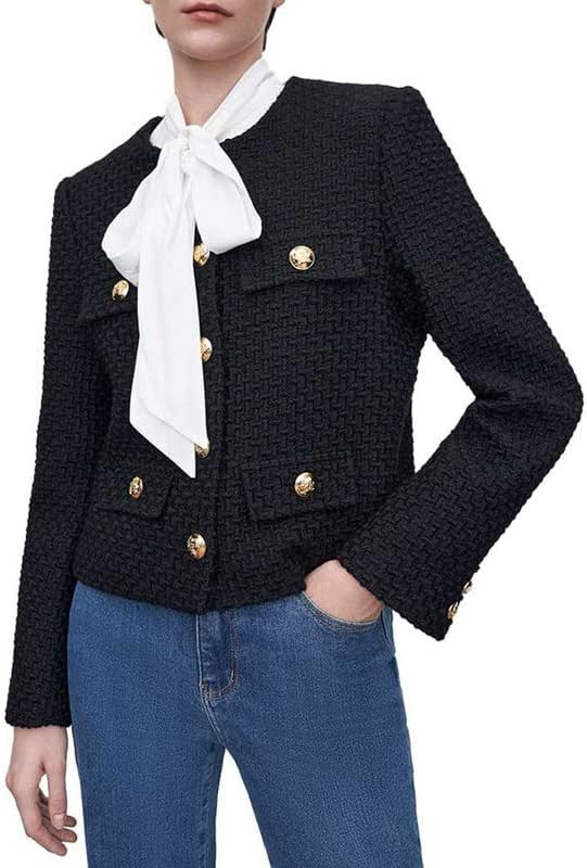 URBAN REVIVO Women's Long Sleeve Cropped Tweed Jacket with Pocket Elegant Slim Fit Work Office Bu... | Amazon (US)