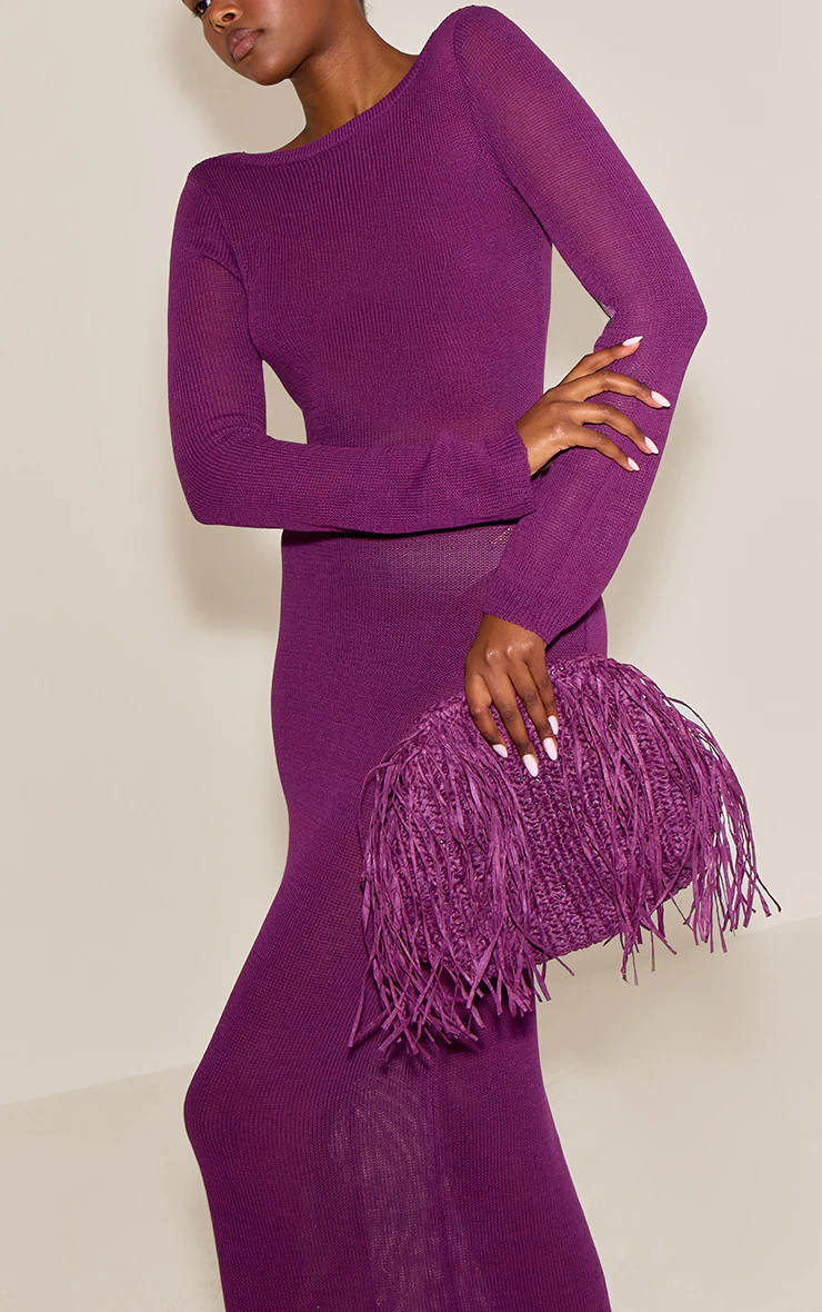 Plum Slouchy Raffia Fringe Clutch | Accessories | PrettyLittleThing UK