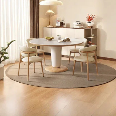 Creamy Round Dining Table with Wooden Accent | Wayfair North America
