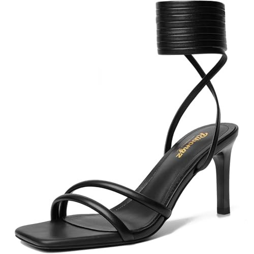 RIBONGZ Black Strappy Heels for Women Lace Up Kitten Heeled Sandals Tie Up Square Open Toe Stiletto High Heel Wrap Around Ankle Strap Heels Sexy Wedding Prom Comfortable Dressy Shoes 11 | Amazon (US)