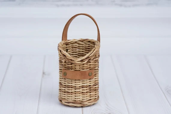 Hanging wall basket with leather handle Utensil holder | Etsy | Etsy (US)