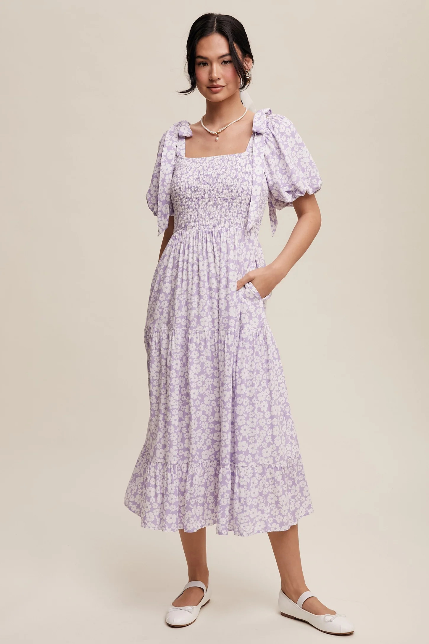 Lavender Floral Off Shoulder Smocked Dress | PinkBlush Maternity
