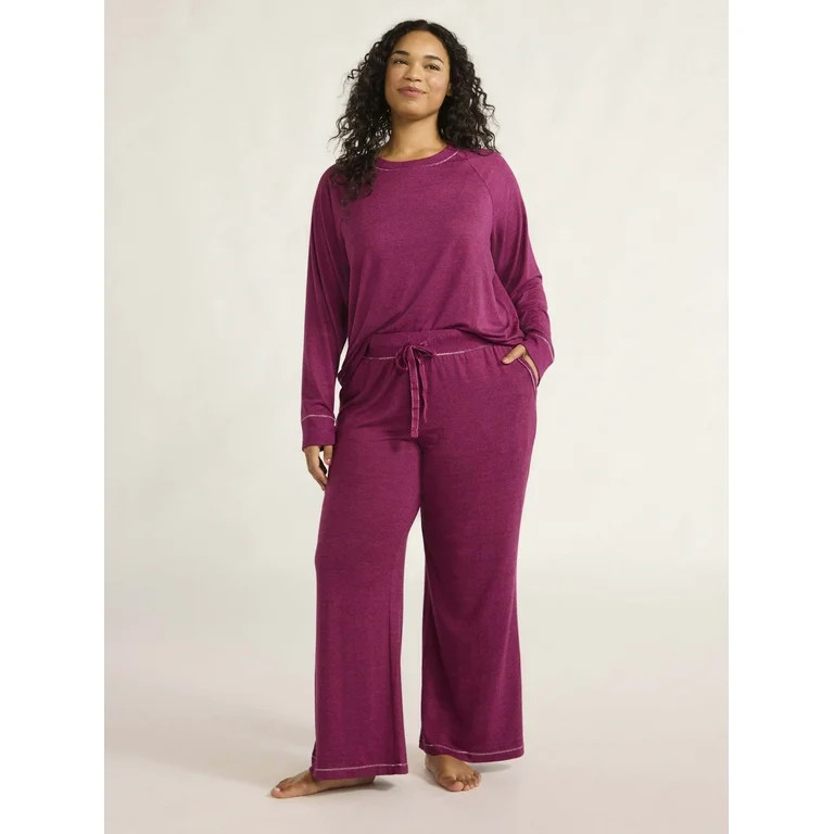 Joyspun Women’s Brushed Jersey Top and Wide Leg Pants Pajama Set, 2-Piece, Sizes XS-4X | Walmart (US)